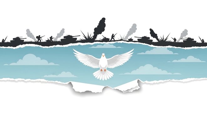 White Dove of Peace Over War-Torn Battlefield with Torn-Paper Contrast – Peace vs Conflict Concept.