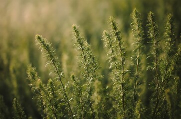 Closeup Delicate Green Meadow Plants Soft Light Outdoor Nature ai generated
