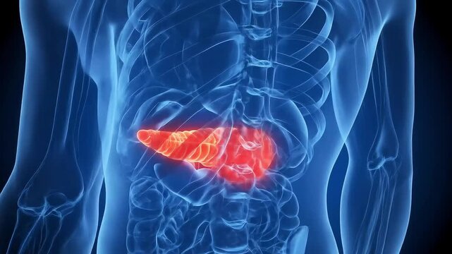 Anatomical Illustration of Human Abdomen with Illuminated Pancreas in Red and Transparent Blue Tones for Medical Research