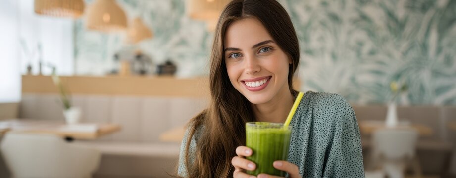 The Green Smoothie Held by a Smiling Woman in a Bright Cafe Setting - Powered by Adobe