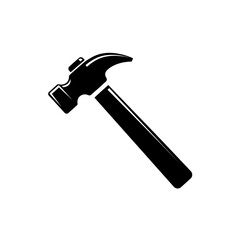 A stark black and white graphic illustration of a classic claw hammer, an essential tool for various construction and repair tasks, depicted with clean lines.
