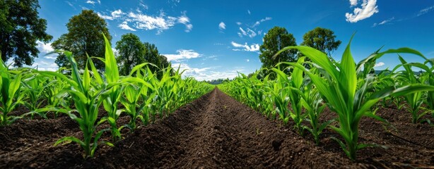 The Cornfield Panorama: Rows of Young Corn Reaching Toward a Blue Sky
