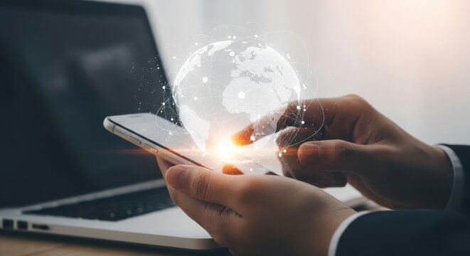 Hands holding smartphone with glowing digital globe above laptop