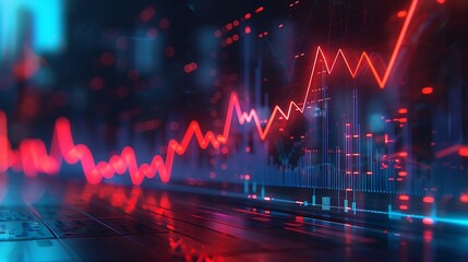 Red line graph with blue bars and lights abstract representation of financial data analysis seen closely