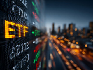 Digital display shows ETF in bright yellow against blurred cityscape background, symbolizing dynamic nature of financial markets and investment opportunities