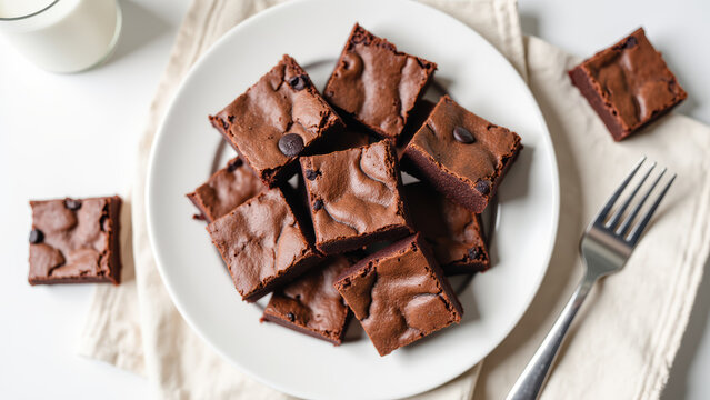 Delicious chocolate brownies arranged on white plate, showcasing rich, fudgy texture and topped with chocolate chips. Perfect for dessert lovers - Powered by Adobe