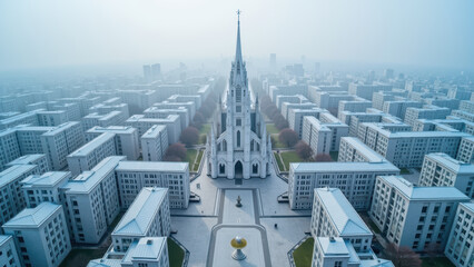 Obraz premium Aerial view of modern church surrounded by contemporary buildings, showcasing blend of architecture in foggy urban landscape