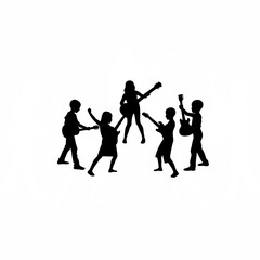 Children and teacher collaboratively playing guitar silhouette isolated on white background