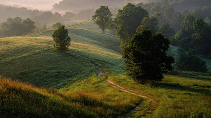Serene Morning Landscape with Lush Green Fields and Gentle Hills in Early Light