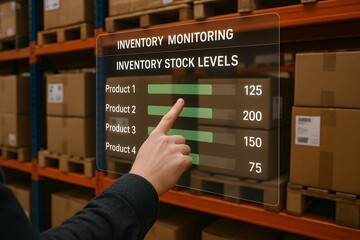Inventory monitoring: A person interacts with a digital display, overseeing stock levels in a warehouse. 