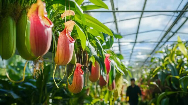 Hanging Tropical Pitcher Plants in Sunlit Greenhouse