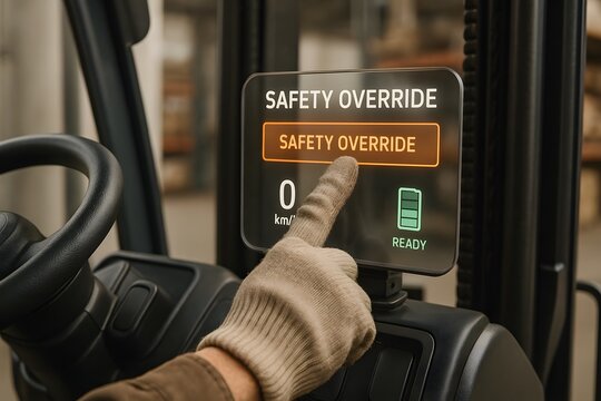 The hand of a worker pressing the safety override button on a forklift control panel.