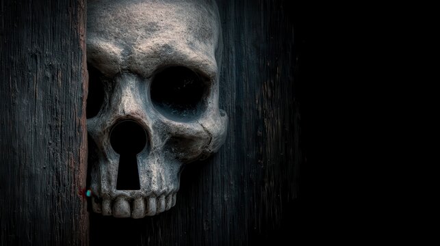 Glowing Skeleton Face Halloween Banner Peering Through Keyhole ,Happy halloween, halloween banner, halloween banner with copy space for text. 