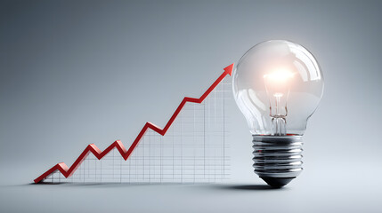 A bright lightbulb glows near a rising red arrow graph, symbolizing creative business ideas and financial growth success in strategic marketing concept.
