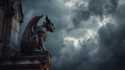 Gothic Gargoyle Halloween Banner on Rooftop with Stormy Sky ,Happy halloween, halloween banner, halloween banner with copy space for text. 