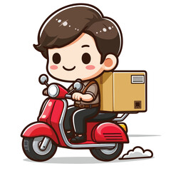 Vector image of a cute courier carrying a package on a motorbike