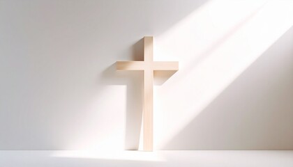 Naklejka premium Simple wooden cross illuminated by sunlight against a stark white wall.