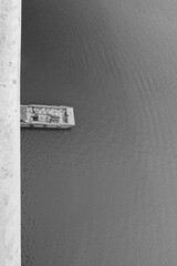 a barge in black and white