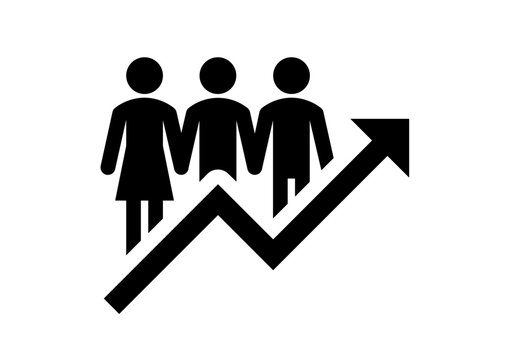 Black silhouette icon showing three people with an upward arrow, symbolizing teamwork, growth, and success. Minimalist vector style, suitable for business presentations, HR materials, corporate report