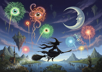 Whimsical halloween scene with witch, fireworks, and crescent moon