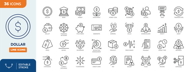 Dollar line editable icon set. Containing money, payment, currency, dollar, price, bank, earning, and more. Editable stroke. Vector illustration