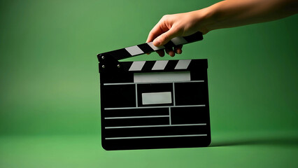 Filmmaking concept showing a hand holding a movie clapperboard slate against a solid green screen background, ready for action.