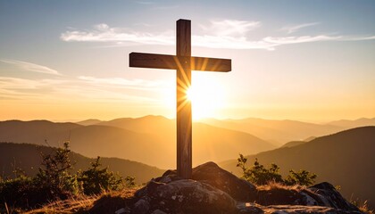 A wooden cross stands atop a hill, backlit by the rising sun, overlooking a landscape of rolling mountains.