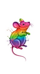 Splashing multicolored rainbow paint shaped like a mouse on a solid white background