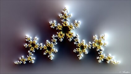 Fractal patterns in gold and silver, radiating from a central point, creating a complex, symmetrical design against a muted background