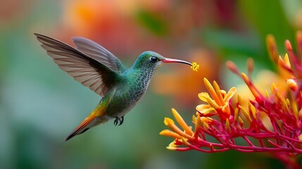 Fototapeta premium Emerald green hummingbird with orange tail feeding on yellow flower nectar flying