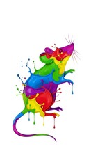 Splashing multicolored rainbow paint shaped like a mouse on a solid white background