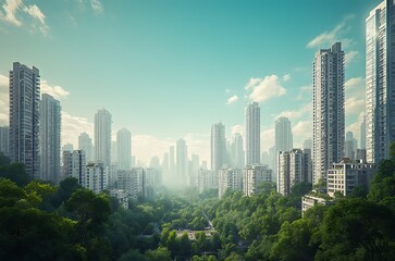 Contemporary Urban Skyline Daytime Landscape Apartments Trees Haze Sunlight ai generated