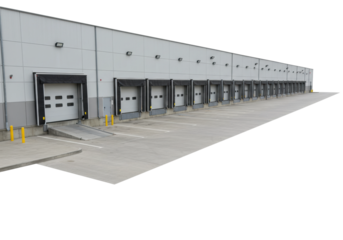 Loading dock operations industrial warehouse urban environment wide angle logistics efficiency. Cut out png