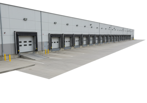 Loading dock operations industrial warehouse urban environment wide angle logistics efficiency. Cut out png