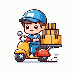 Vector image of a cute courier carrying a package on a motorbike