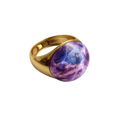 Gold Ring with Stormy Sky Cabochon Mystical Jewelry Design