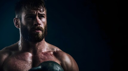 Shirtless muscular male athlete lifting a kettlebell under dramatic lighting