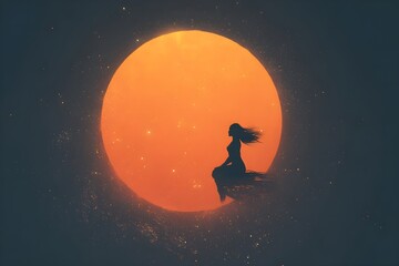 A small silhouette of a woman with her hair blowing in the wind, sitting on a large bright planet, floating in the middle of dark space, small spots of light as stars fill the background