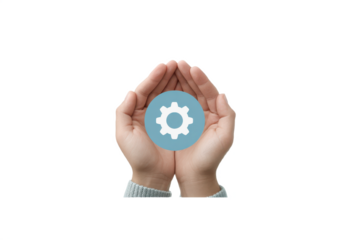 A pair of hands holding a circular icon featuring a gear symbol, symbolizing support for technology or mechanical concepts.