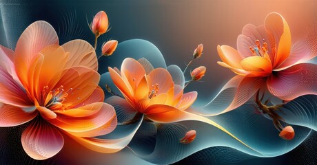 Fototapeta premium Vibrant floral display. Orange blossoms bloom amidst flowing blue energy. Delicate petals, soft gradients, beautiful composition.