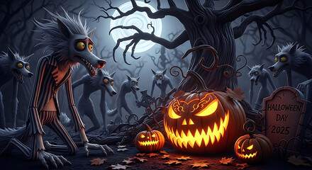 Halloween scene with werewolves, jack-o'-lanterns, and tombstone