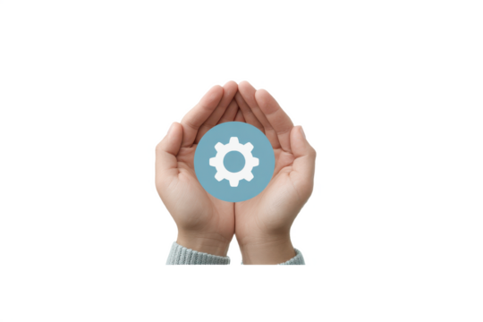 A pair of hands holding a circular icon featuring a gear symbol, symbolizing support for technology or mechanical concepts.