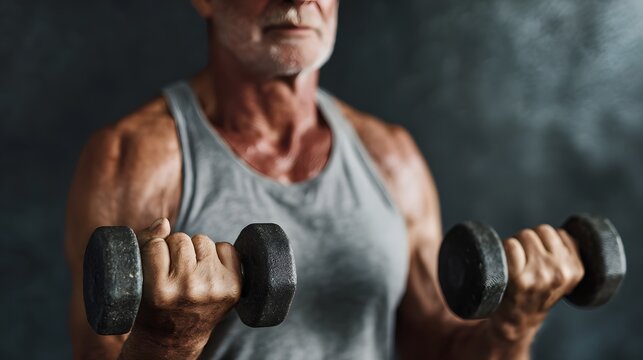 Senior man doing dumbbell workout with intense focus