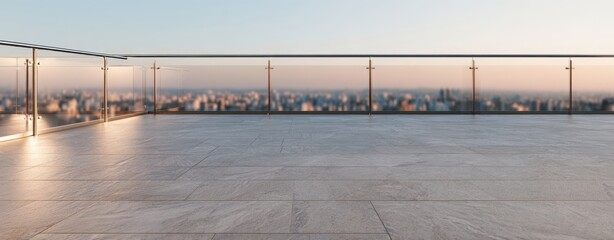 The Rooftop Terrace Overlooking a Distant City Skyline at Sunset