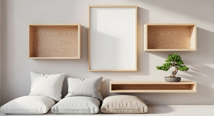 Minimalist interior with picture frame and bonsai tree