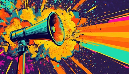 Colorful Pop Art Collage Featuring Megaphone: Loudspeaker Promotions, Retro Style. Blend Of Y2k, 80s, 90s Influence With Psychedelic, Surreal Elements. Grungy Discounts Theme.