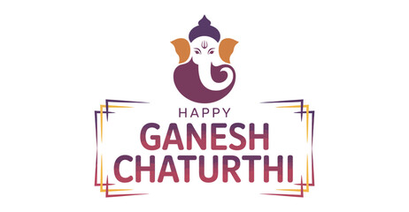 Ganesh Chaturthi greeting with stylized purple and orange illustration of Lord Ganesha and Happy Ganesh Chaturthi text framed in festive border
