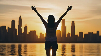 Fototapeta premium Woman with arms raised in triumph, silhouetted against a vibrant city skyline at sunset, embodying freedom, success, and a positive future perspective.