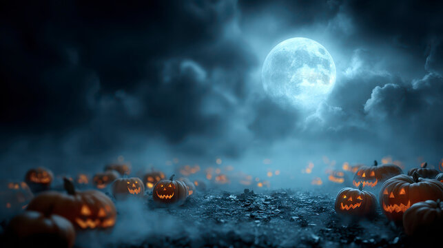 Pumpkin Patch Halloween Banner Under Full Moon Glow ,Happy halloween, halloween banner, halloween banner with copy space for text. 