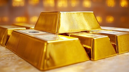 Close-up telephoto capture at 70-200mm, precise alignment of bills parallel to stacked gold bars, natural light enhancing surface shine